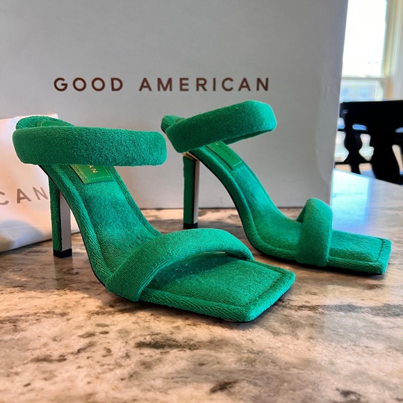 Good American Green Terry Cloth Square Toe High Heel Pumps Unique Color - Picture 3 of 8